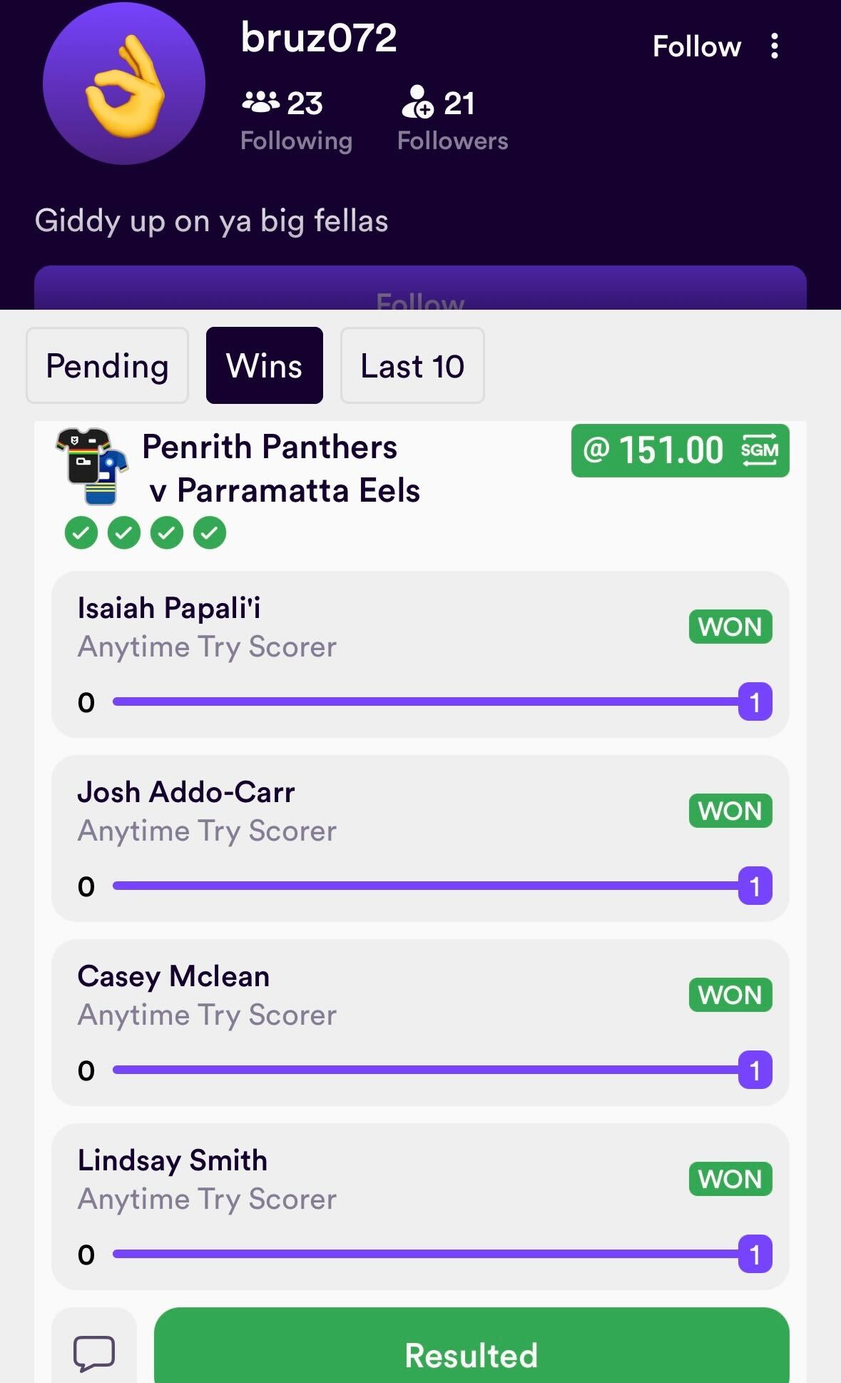 Dabble bet slip from user @bruz072 on the Penrith Panthers vs Parramatta Eels NRL game. The legs were Isaiah Papali'i, Josh Addo-Carr, Casey Mclean and Lindsay Smith to score at $151 odds. The bet won.