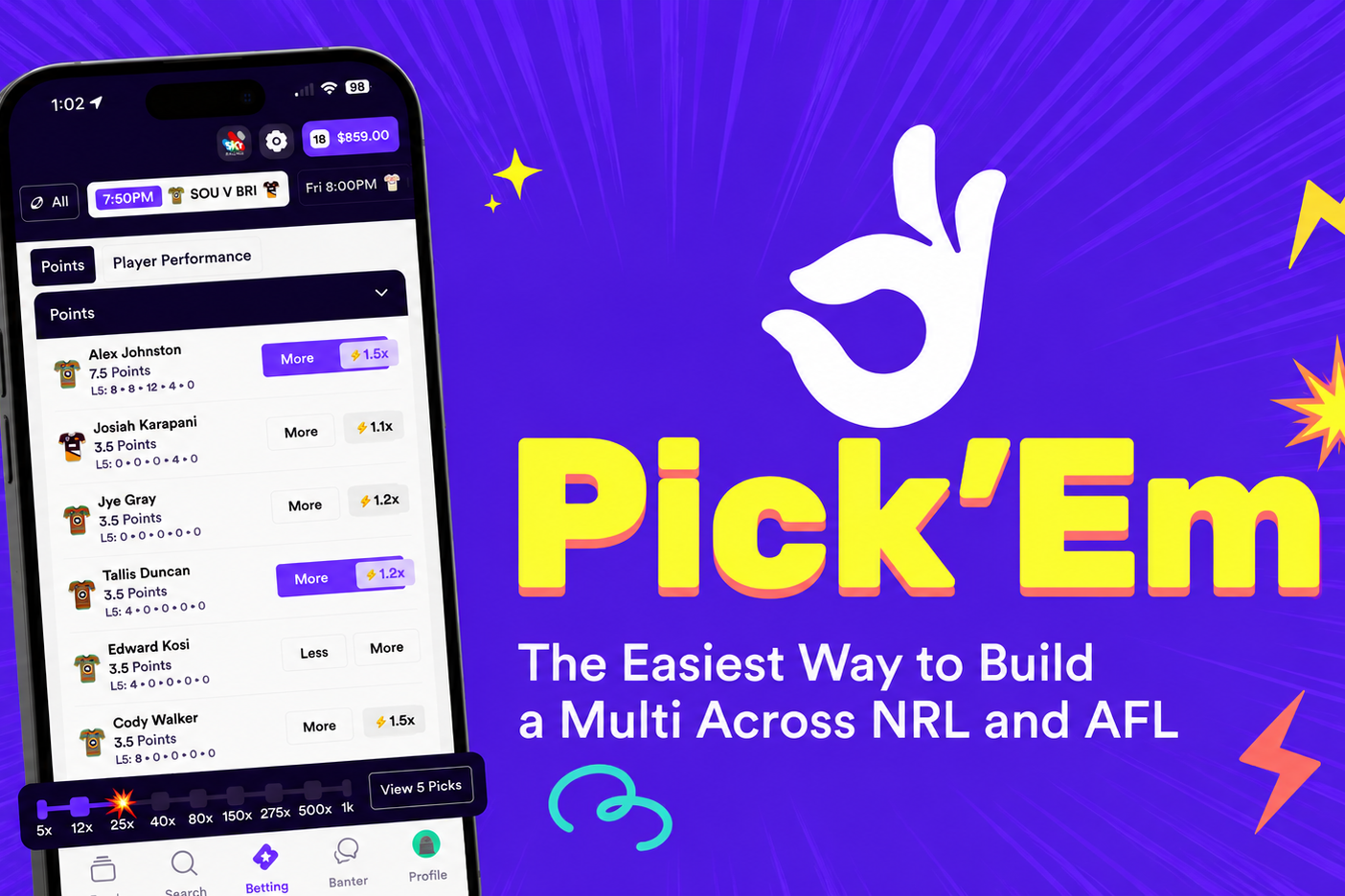 Dabble Pick'Em Banner with example Pick'Em from the Rabbitohs vs Broncos NRL game