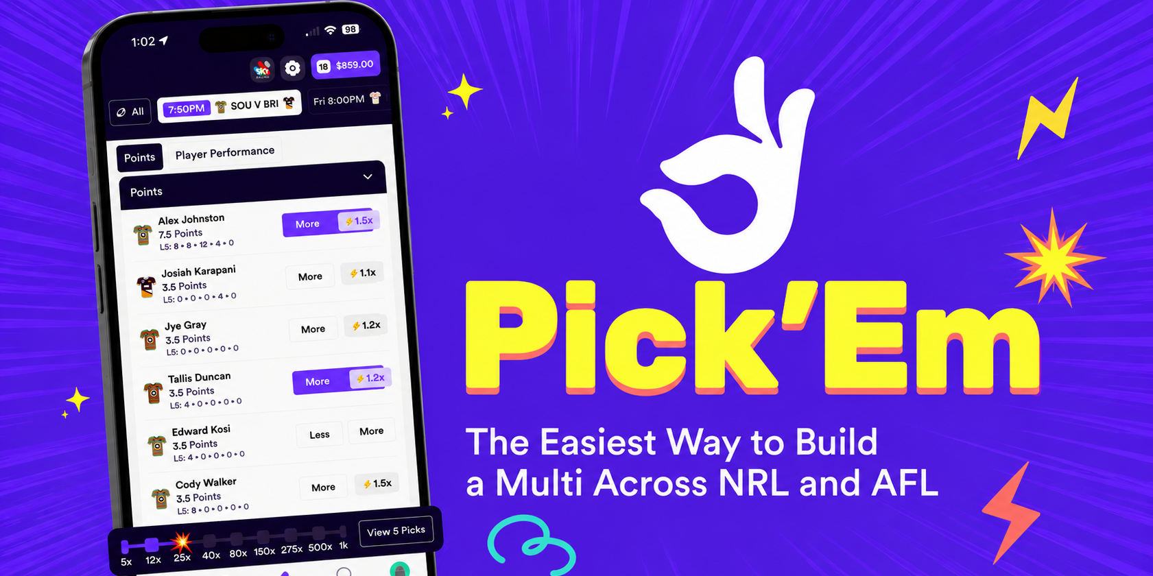 Dabble Pick'Em Banner with example Pick'Em from the Rabbitohs vs Broncos NRL game