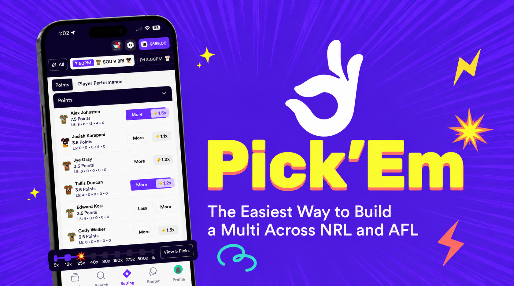 Dabble Pick'Em Banner with example Pick'Em from the Rabbitohs vs Broncos NRL game